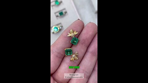 Insect bumble bee prong square emerald & diamond stud climber cuff earrings 14K yellow gold gifts