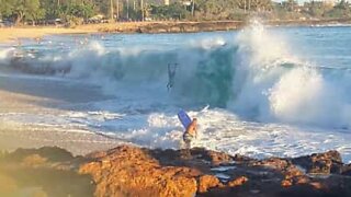 Bodyboarder's epic wipeout in heavy shorebreak