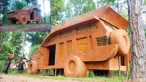 Build The Most Beautiful Car By Using Bamboo With Wooden & Mud - Car House