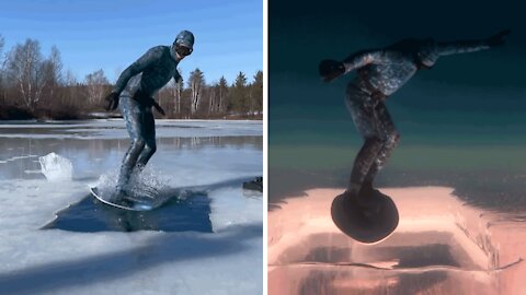 Canadian can't wait for ice to melt, decides to skimboard on frozen lake