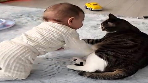 Tiny Baby’s Priceless Interaction with Cat ! Instant Classic!