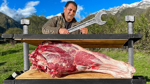 A Huge Beef Leg With Salt Cooked Under A Press Without Fire!