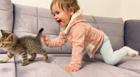 Cute Baby Meets New Baby Kitten for the First Time!