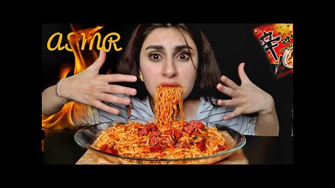 ASMR mukbang fire noodles & spicy sausage mushrooms #asmr #asmrmukbang #asmreating