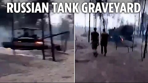 Shell-shocked Russian troops walk through TANK GRAVEYARD after Ukrainian strike destroys base