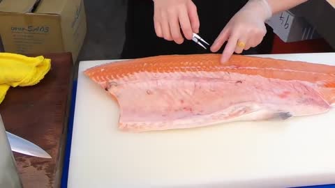 How To Fillet a Whole Salmon | Sashimi & Sushi -Taiwanese street food