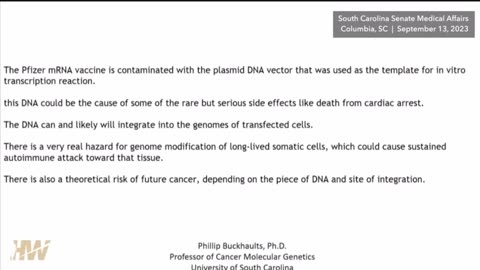 암 유전체학 전문가 박사필립 벅홀스ㅡ화이자 mRNA 백신은 플라스미드 DNA로 오염되었습니다. "심각한 부작용을 일으킬 수 있습니다." "매우 실제 이론적으로 미래의 암 위험"