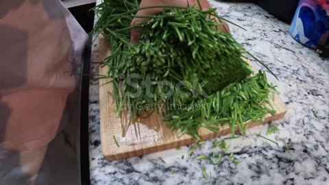 Cutting fresh leak on a wooden cutting board ASMR (sounds)