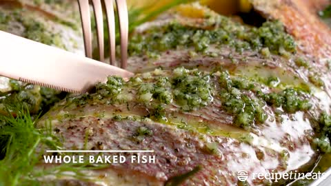 Whole Baked Fish - Herb Stuffed, with Garlic Butter Dill Sauce