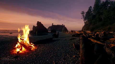 (8 Hours) 4K Campfire On Beach - Crackling Fire with Ocean Waves Sounds