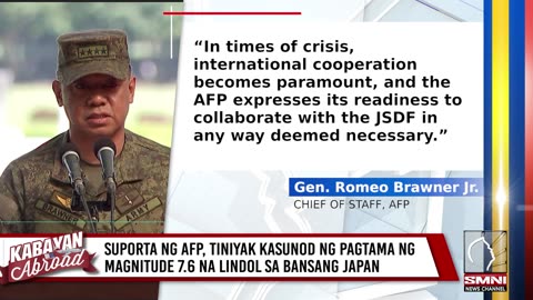 Suporta ng AFP, tiniyak kasunod ng pagtama ng magnitude 7.6 na lindol sa bansang Japan