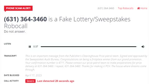 Outgoing Call To Alleged Publishers Clearing House (PCH): (631) 364-3460, April 17, 2023