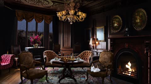 VICTORIAN LONDON AMBIENCE: Drizzling rain & Crackling fireplace - 1870s Mansion Parlor Thunderstorm