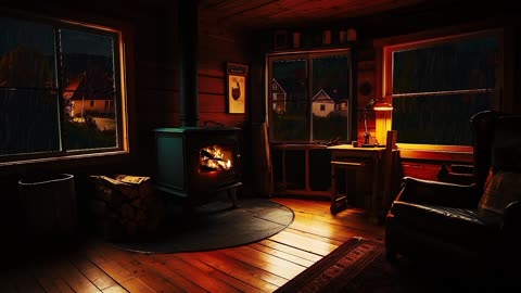 Cozy Woodstove Cabin Ambience with Thunder Sounds