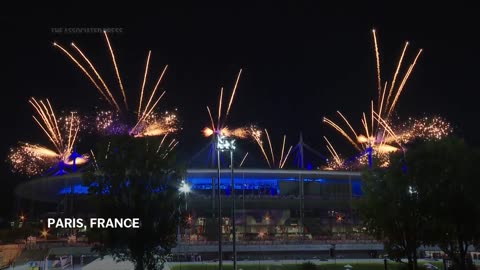 Fireworks mark the end of the closing ceremony of the Paris Olympics