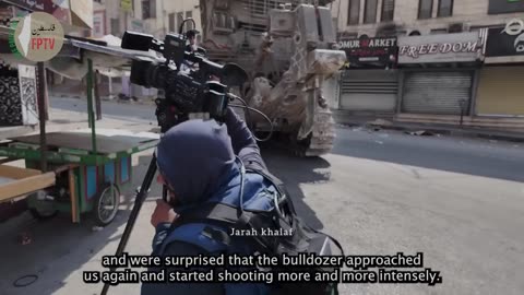 (EXCLUSIVE) Journalists shot at & pursued by Zionist D9 bulldozer in Jenin, Sep 2, 2024.