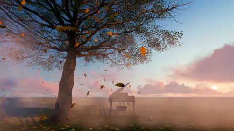 Piano under a tree with dry leaves falling