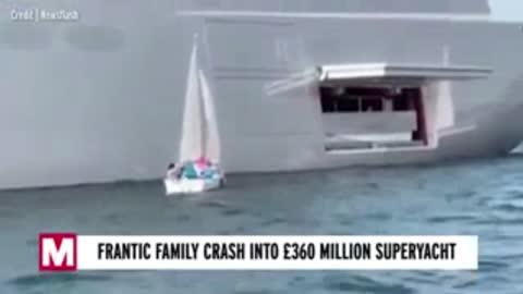 Frantic family in tiny boat crash into Russian tycoon’s gigantic £360m superyacht