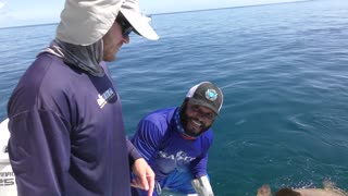 Frightened Fisherman Swims with Giant Fish