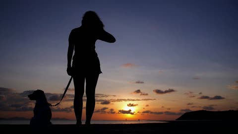 Silhouette of Young Woman with Dog at Sunset at Sea