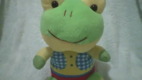 Green and yellow stuffed frog smiling, wearing a plaid shirt [Nature & Animals]