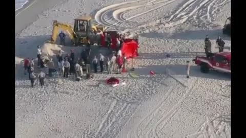 U.S. brother and sister dig holes in sand on beach