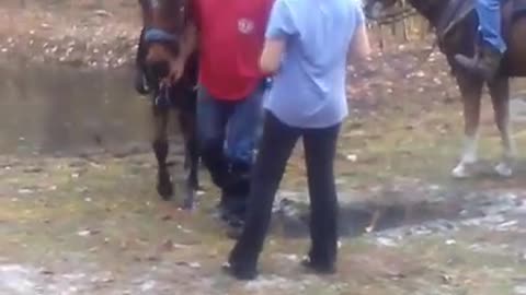 Red shirt horse ride