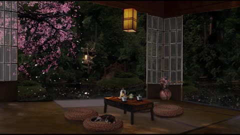 CHERRY BLOSSOM SPRING AMBIENCE : A Raining Evening in a Zen Garden with Fluttering Petals