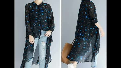 Plus Size Women Blouse Lady Tops Shirt Long Sleeve Print Stars Black Elegant Female Clothes