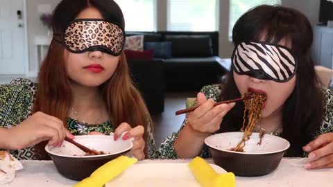 RACE MUKBANG! BLINDFOLD NOODLE EATING COMPETITION *FINALLY PRANKED HER*