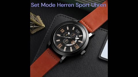 4PCS Set Mode Herren Sport Uhren Mann Business Quarz Armbanduhr Luxus Braun