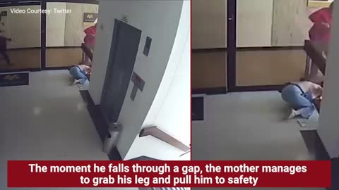 Mom saves toddler from falling off building stairwell - on cam