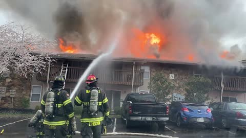 Burnt-out house and firefighters were called to the scene