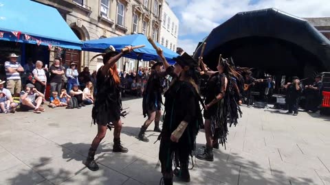 Beltane Border Morris dancing Tolmen Stone at Wimborne Folk Festival 12 Jun 2022