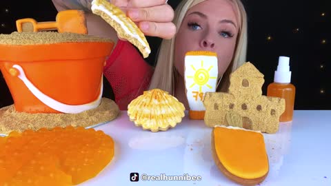 ASMR ORANGE DESSERT, BASKETBALL JELLY POP IT, EDIBLE SAND BUCKET CAKE, ORANGE JELLO MUKBANG 먹방