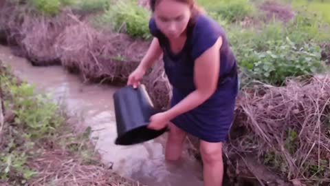 Amazing Fishing At Battambang. Beautiful Girl Fishing. Catch Fish By Hand