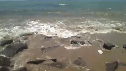 The sea hits the rocks on the beach sand, the waves are aggressive [Nature & Animals]