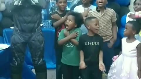 Wakanda forever battle cry with black panther at a birthday party in Richmond Texas