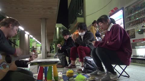 Busking at Japanese Station near Mount Fuji