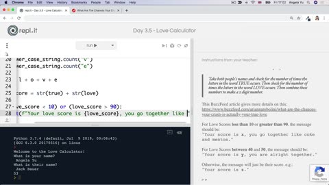 Day-3 Part-36 -Beginner- Coding Exercise Love Calculator - Learn Python