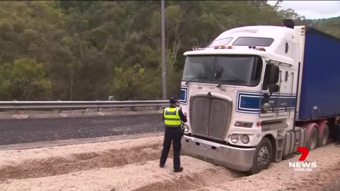 Out-of-control truck slams into South-Eastern Freeway arrester bed at speed | 7NEWS