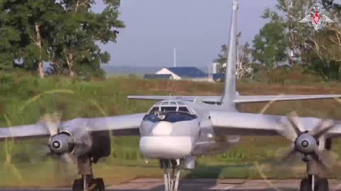 Tu-95MS strategic missile carrier of RF Aerospace conduct flight over Bering Sea near Alaska