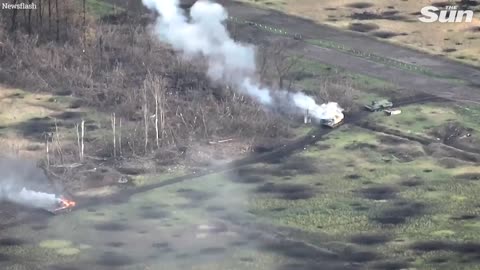 Russian soldiers flee as Ukrainian forces obliterate row of armoured vehicles