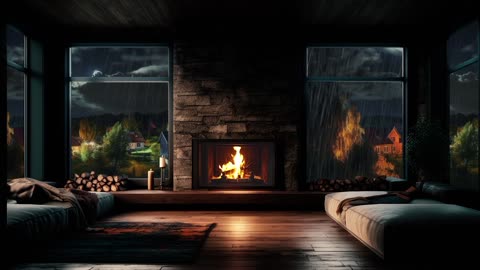 Relaxing Fireplace on a Rainy Night in a Small Town