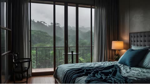 Warm Bedroom with Piano Music Sound of Cold Rain Falling Outside the Forest, Relieve Stress