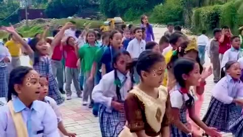 Harinam Sankirtan party with energetic school kids in Nepal August 2024