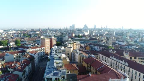 European city from the air with buildings to the horizon