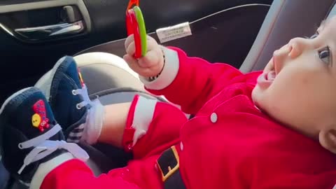 Baby Excitedly Plays with Toy in Car