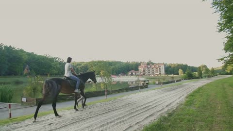 Young couple having fun on weekends. A girl riding a horse with her boyfriend