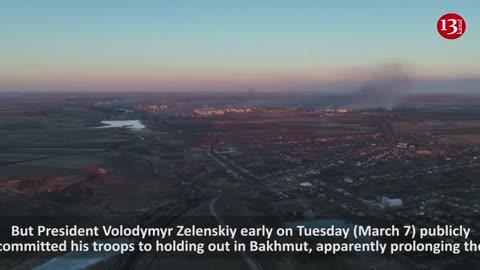 MILITARY DRONE SHOWS SCALE OF DESTRUCTION IN BAKHMUT, HOUSES ON FIRE